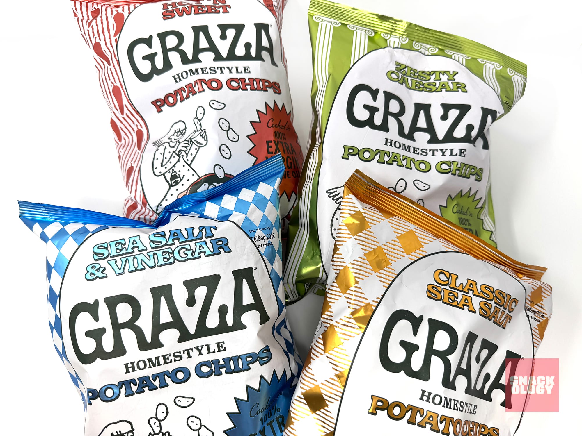 Graza Homestyle Potato Chips Hot ’N Sweet, Zesty Caesar, Sea Salt & Vinegar and Classic Sea Salt