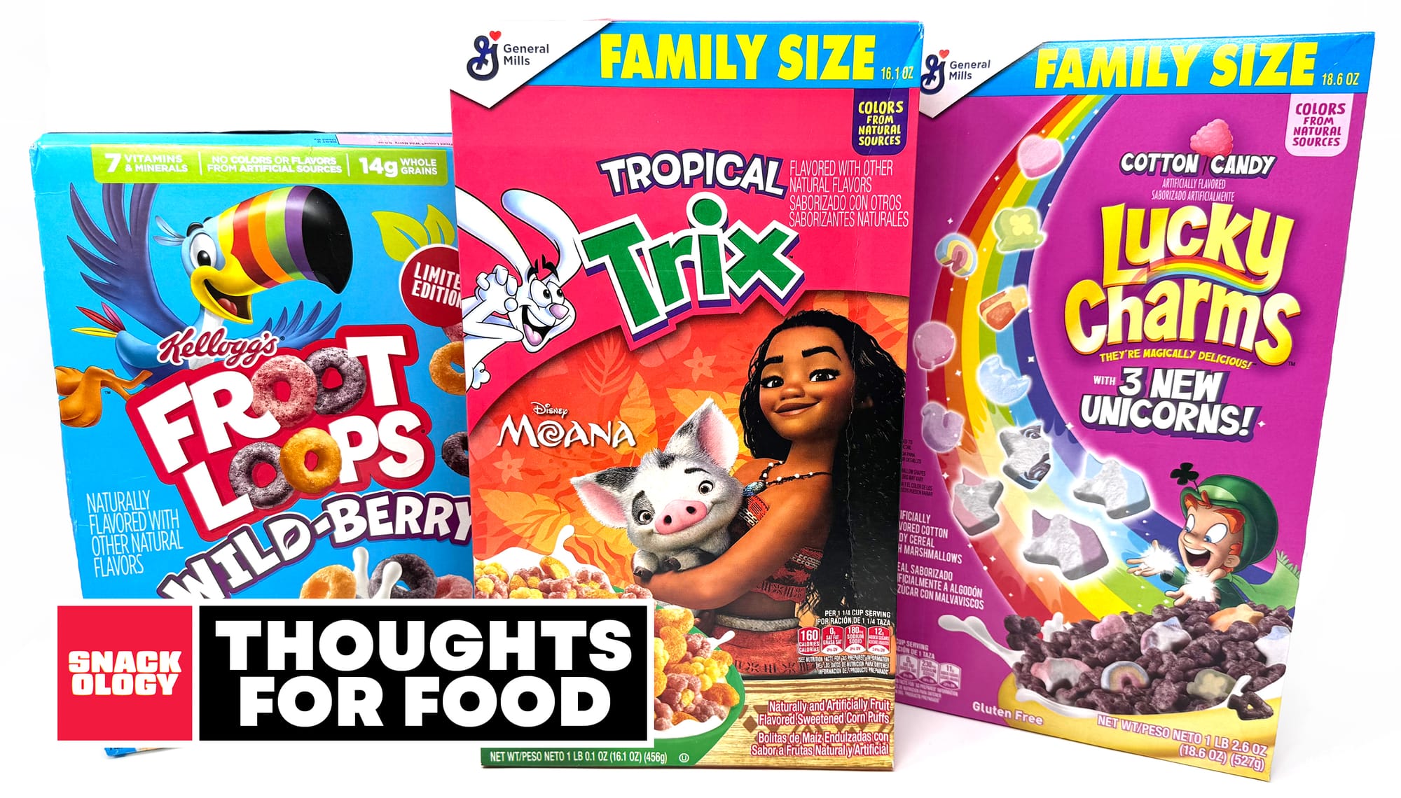Froot Loops Wild-Berry, Tropical Trix featuring Disney’s Moana Cereal and Lucky Charms Unicorn Cotton Candy Cereal