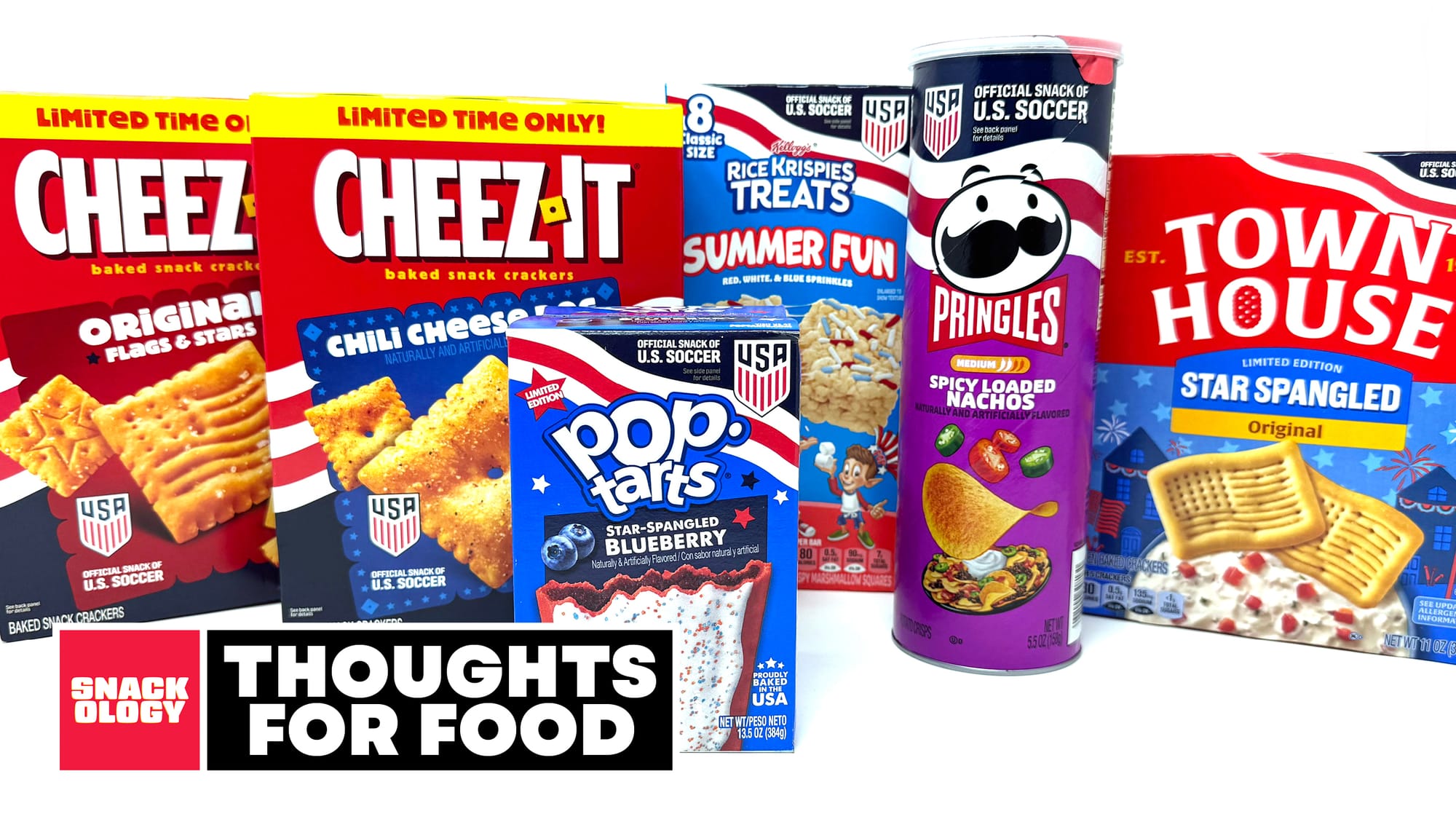Cheez-It Original Flags & Stars, Cheez-It Chili Cheese Dog, Pop-Tarts Star-Spangled Blueberry, Rice Krispies Treats Red White & Blue Sprinkles, Pringles Spicy Loaded Nachos and Town House Star Spangled Original Crackers