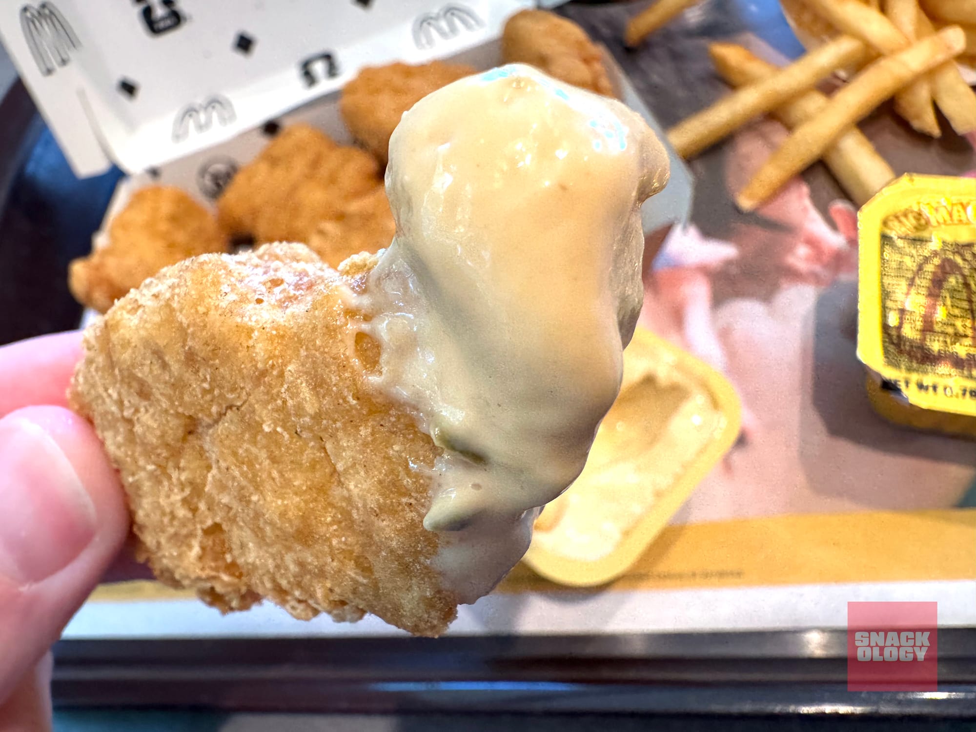 A Chicken McNugget dipped in Big Mac Sauce