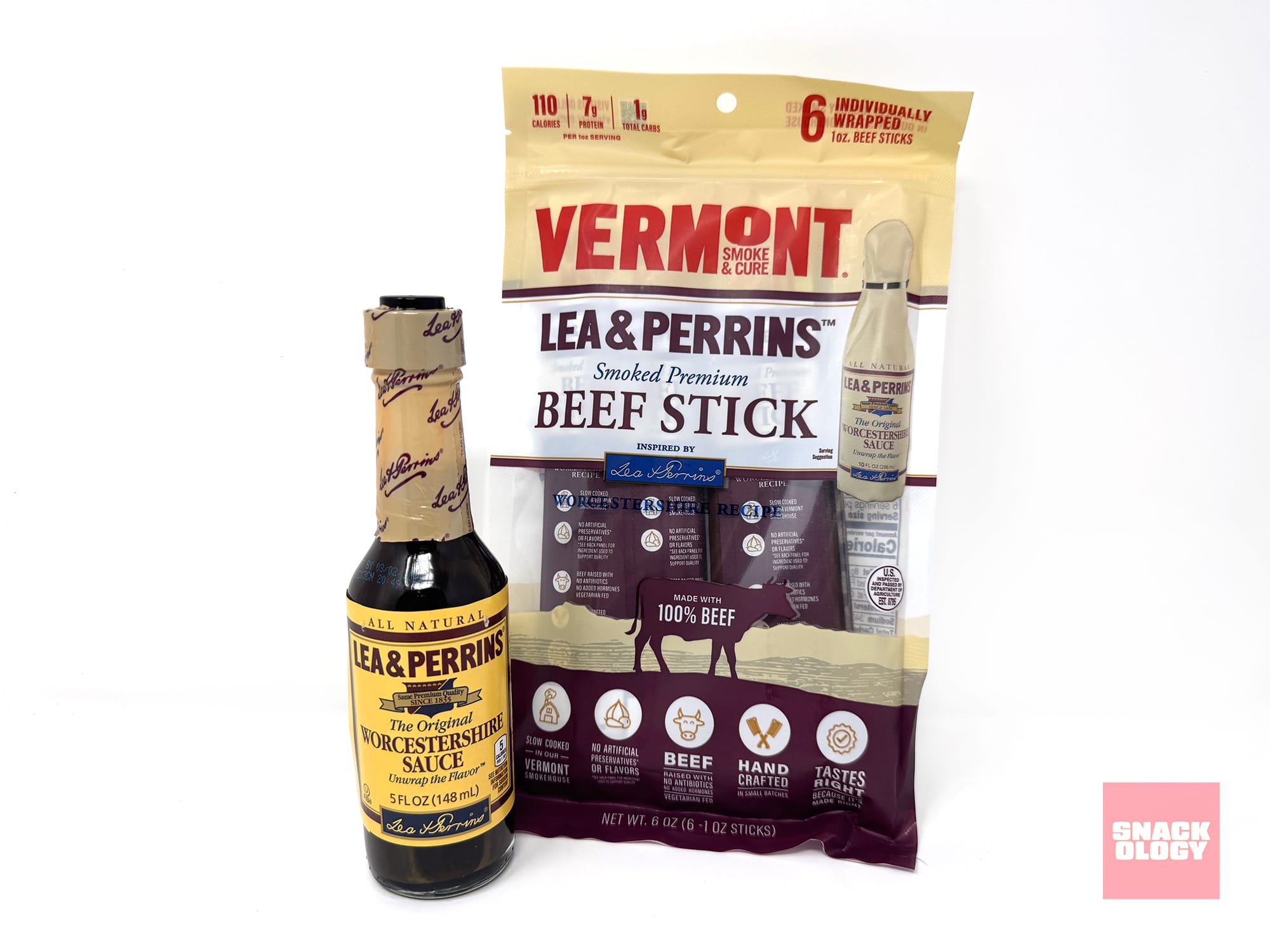 A jar of Vermont Lea & Perrins Worcestershire Sauce and Vermont Lea & Perrins Worcestershire Smoked Beef Sticks