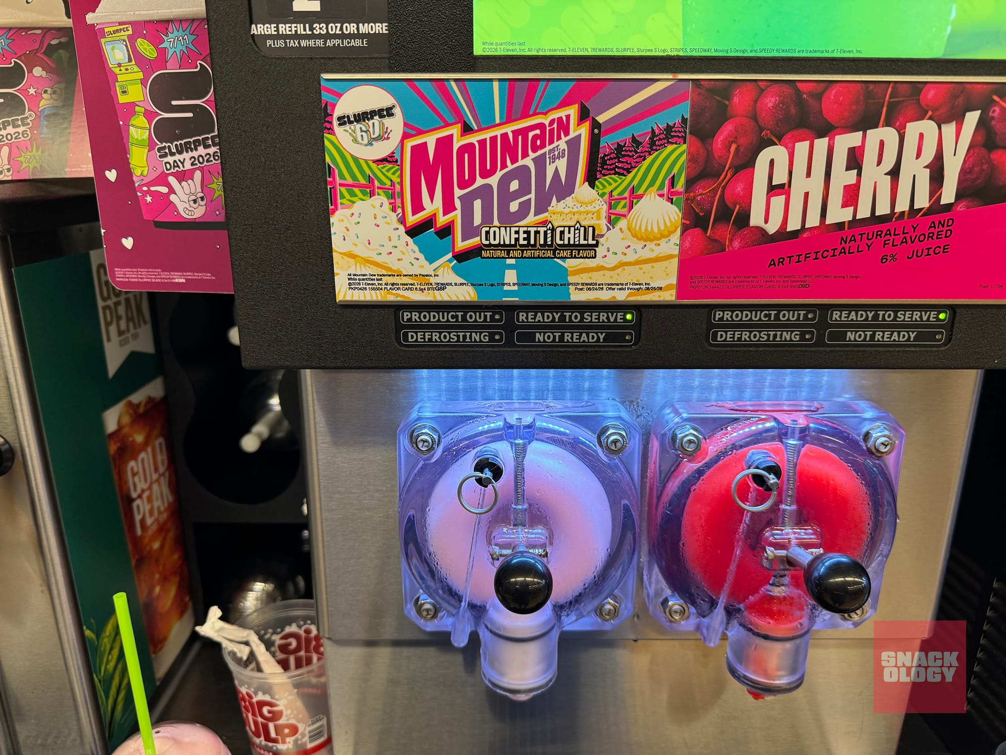A Mountain Dew Confetti Chill Slurpee dispenser ... spigot?