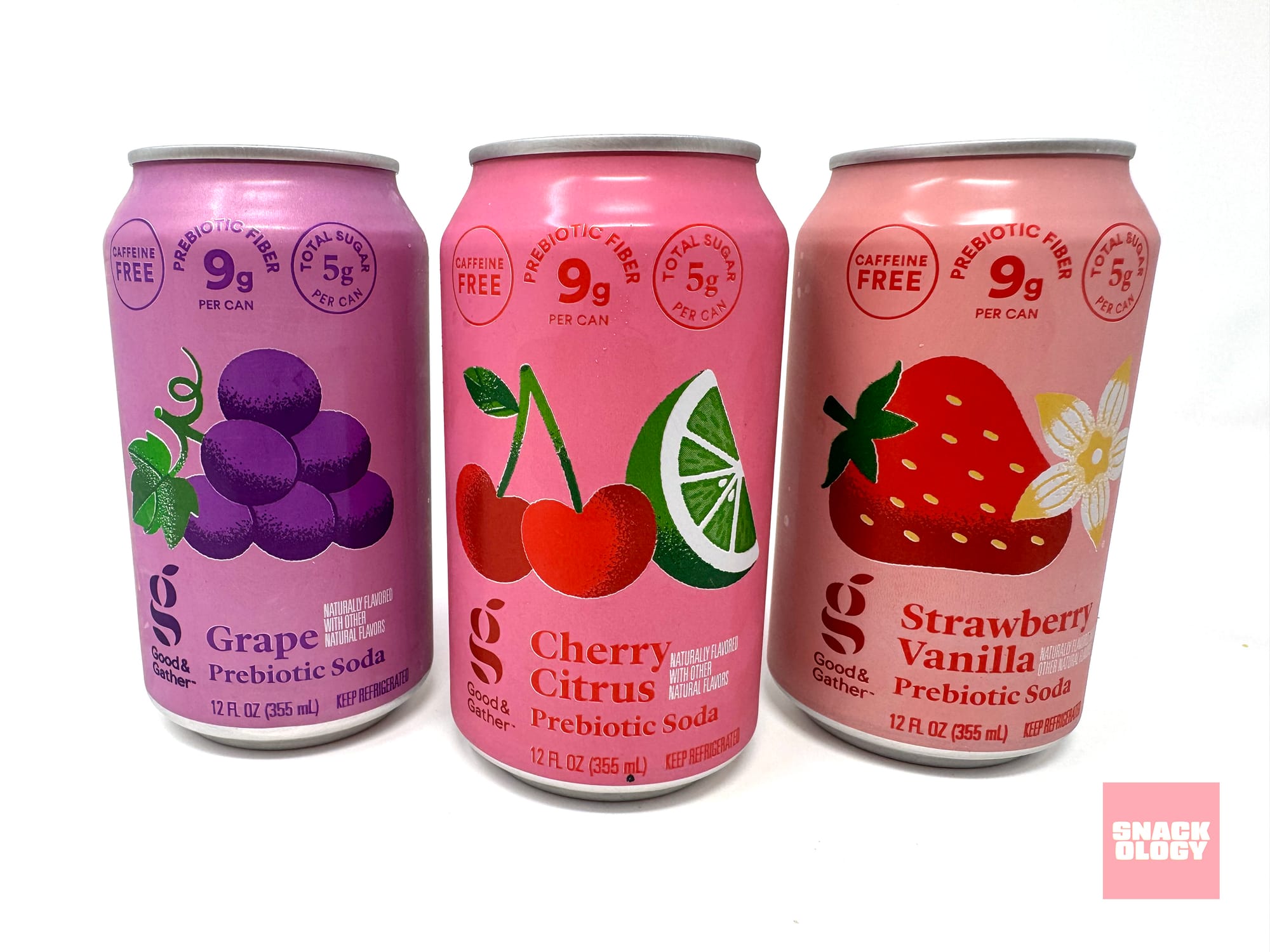 Good & Gather Grape Prebiotic Soda, Good & Gather Cherry Citrus Prebiotic Soda and Good & Gather Cherry Strawberry Vanilla Prebiotic Soda