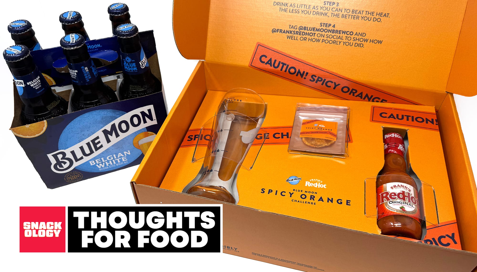 A six-pack of Blue Moon and the Blue Moon Spicy Orange Challenge kit