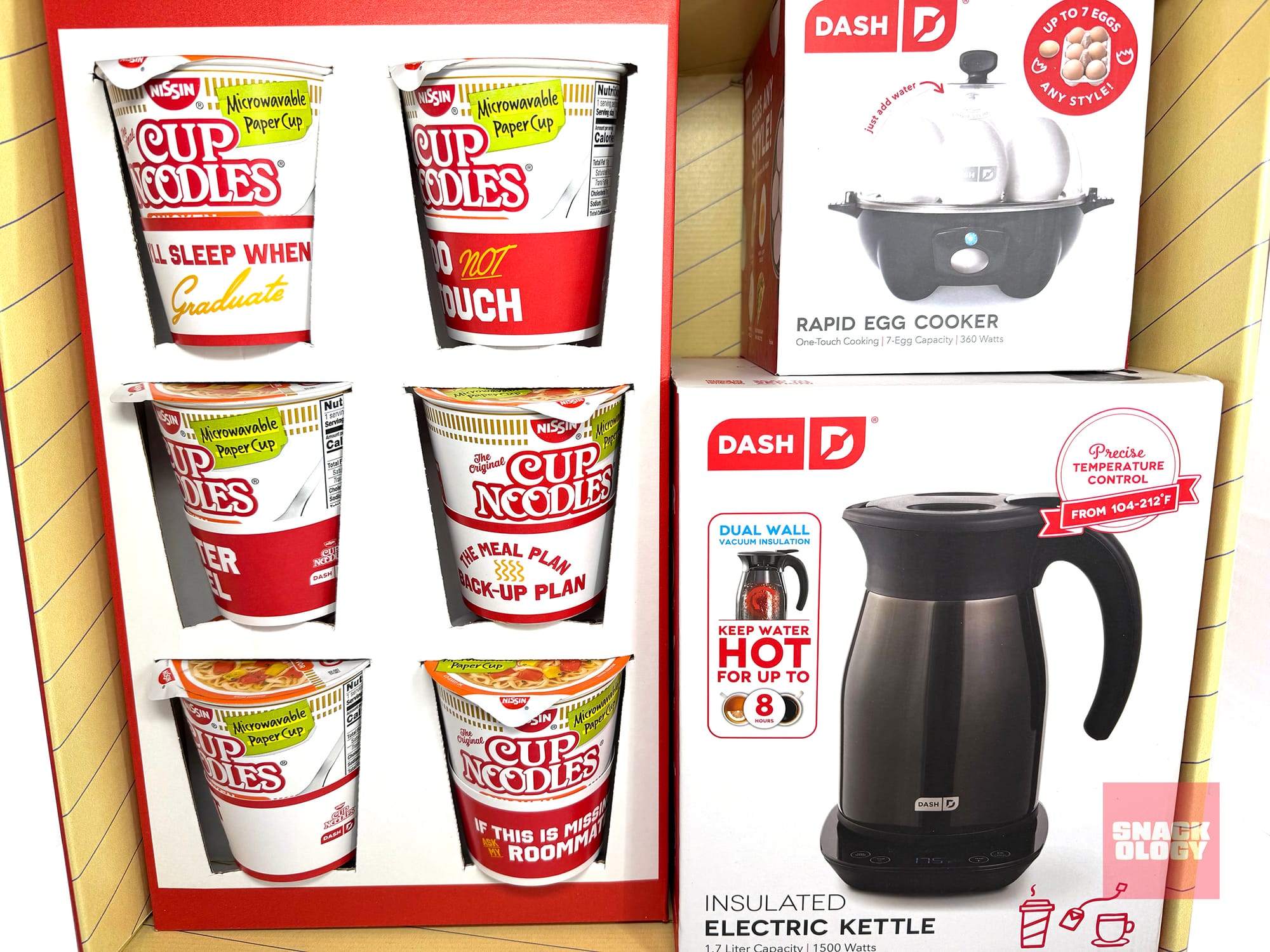 The contents of the Cup Noodles x Dash Dorm Survival Kit