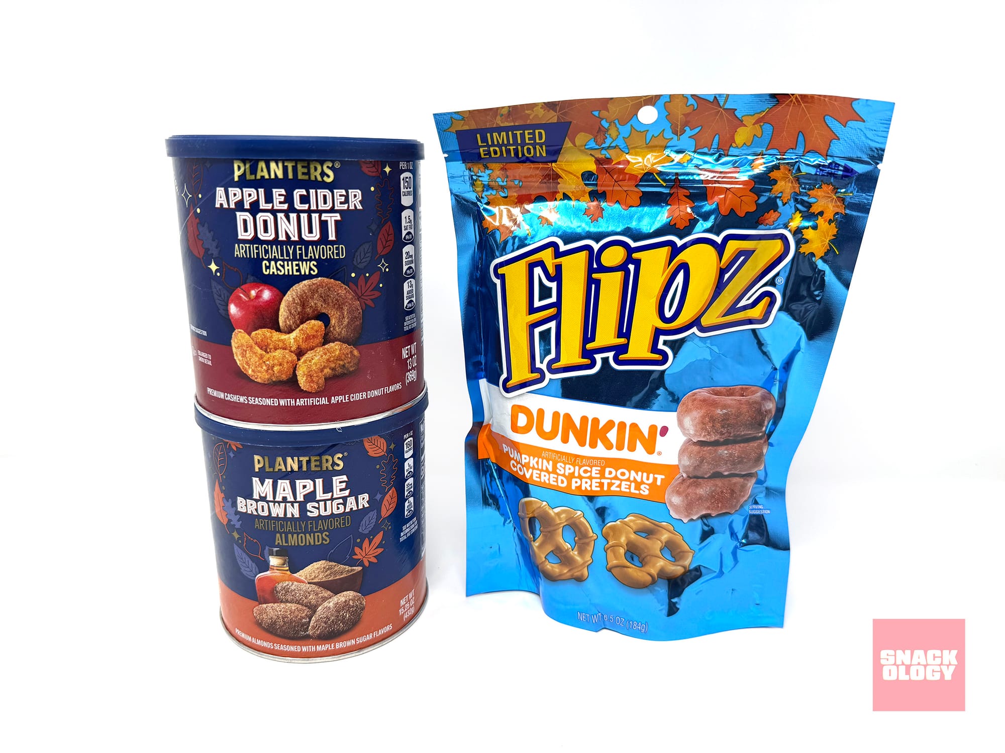Planters Apple Cider Donut Cashews, Planters Maple Brown Sugar Almonds and Flipz Pumpkin Spice Donut-Flavored Covered Pretzels