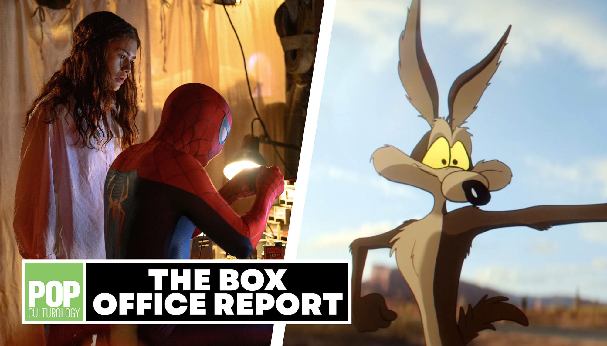 Zendaya and Tom Holland in Spider-Man: Brand New Day and Wile E. Coyote in Coyote vs. Acme