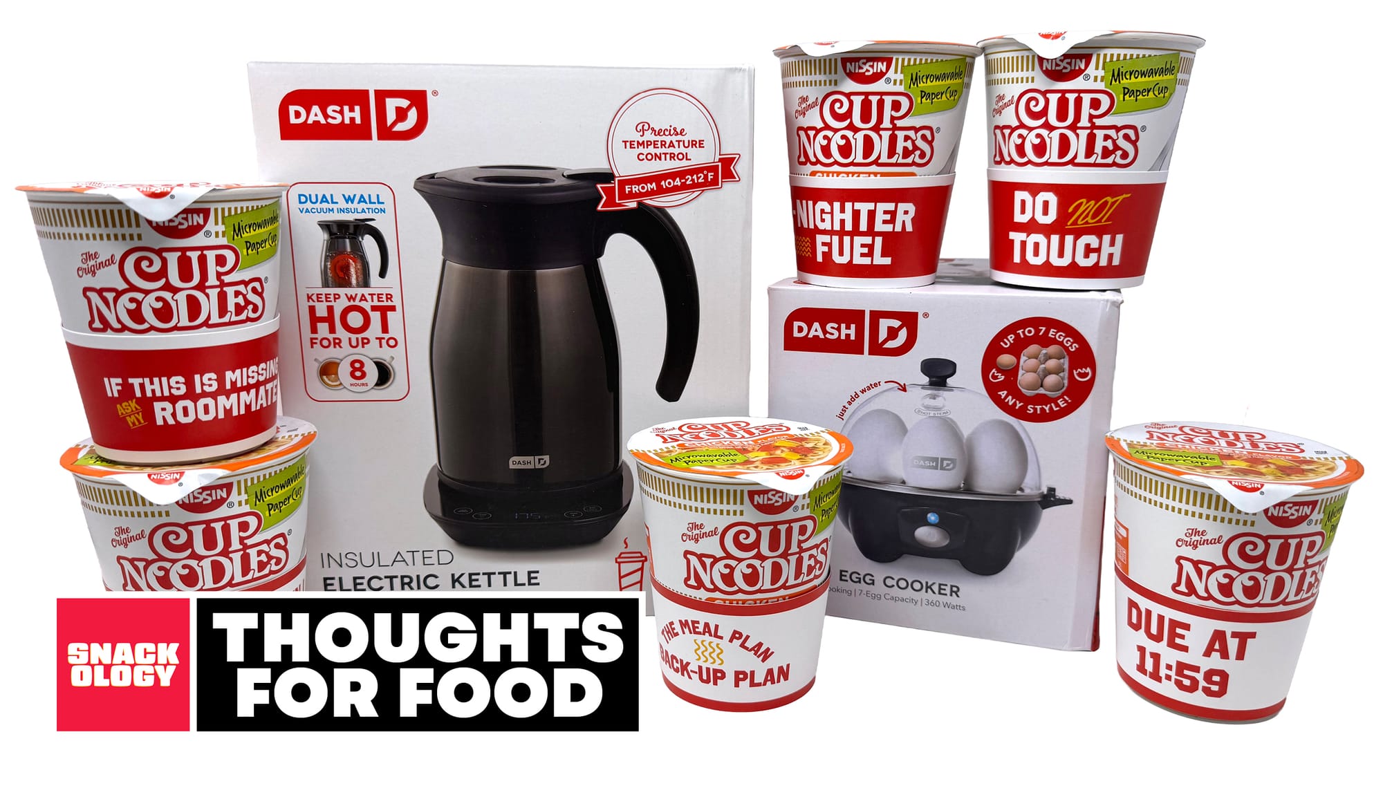The contents of the Cup Noodles x Dash Dorm Survival Kit