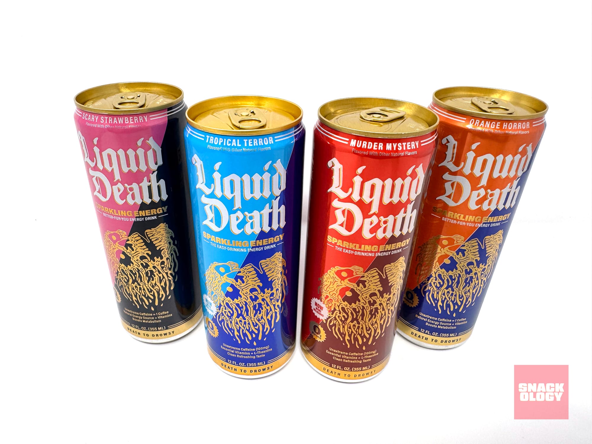 Liquid Death Sparkling Energy Scary Strawberry, Tropical Terror, Murder Mystery and Orange Horror