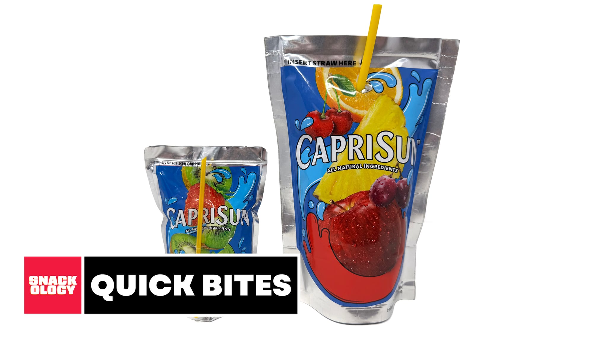 A regular Capri Sun pouch next to the Capri Sun Big Pouch