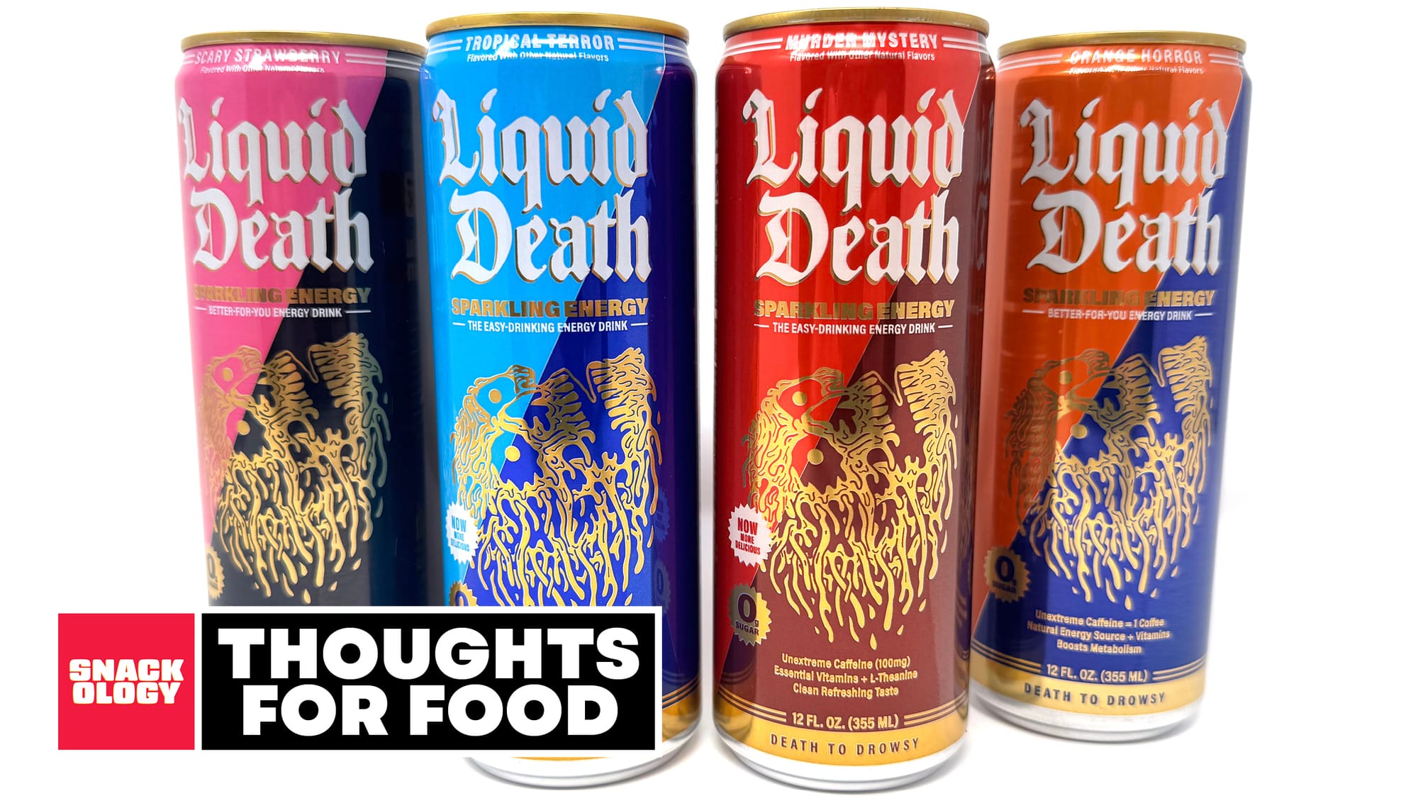 Liquid Death Sparkling Energy Scary Strawberry, Tropical Terror, Murder Mystery and Orange Horror