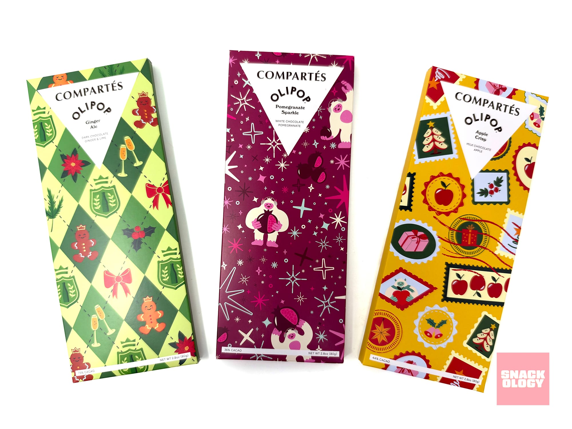 Olipop Ginger Ale Chocolate Bar, the Olipop Pomegranate Sparkle Chocolate Bar and the Olipop Crisp Apple Chocolate Bar