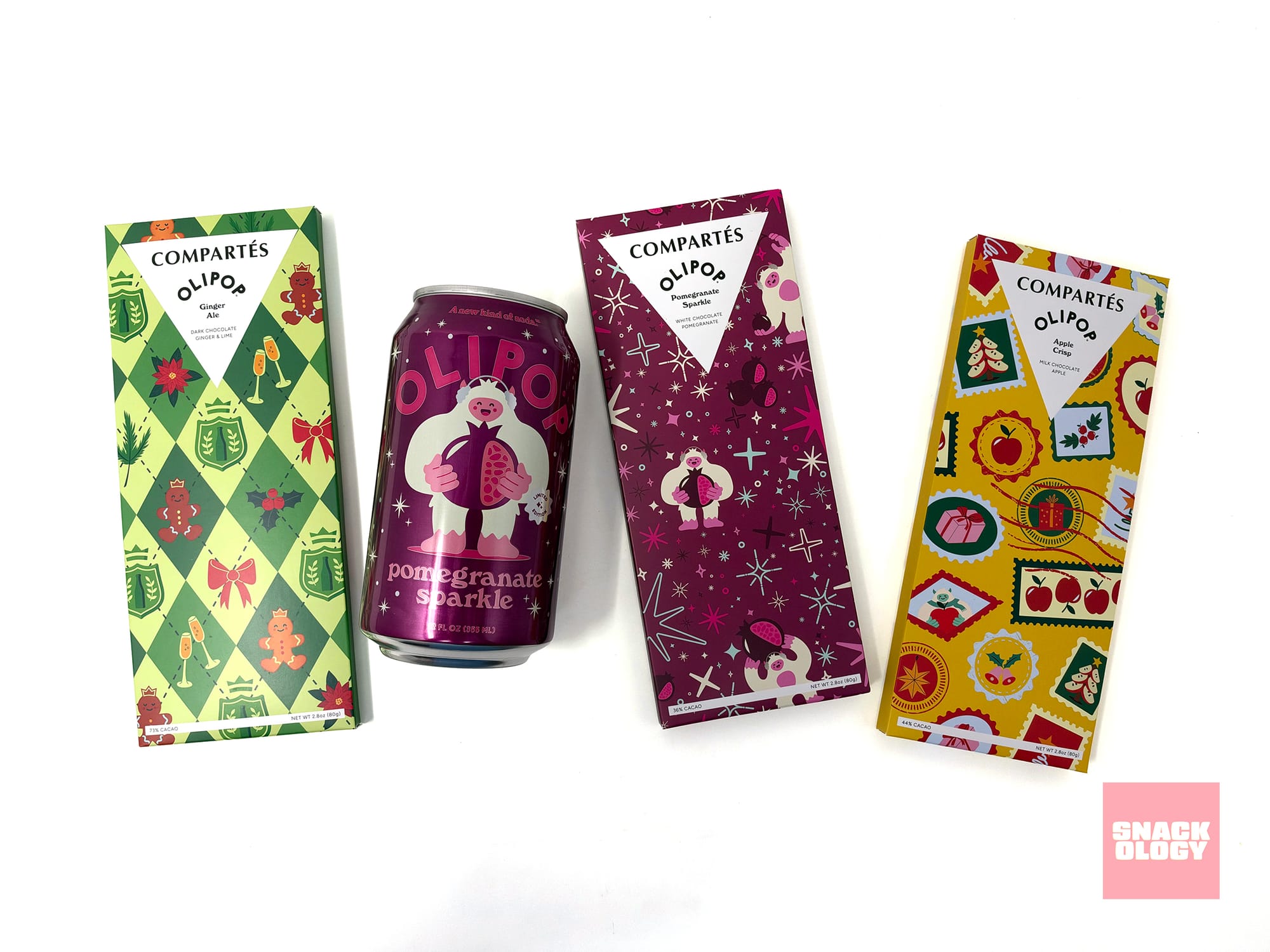 Olipop Ginger Ale Chocolate Bar, Olipop Pomegranate Sparkle, the Olipop Pomegranate Sparkle Chocolate Bar and the Olipop Crisp Apple Chocolate Bar