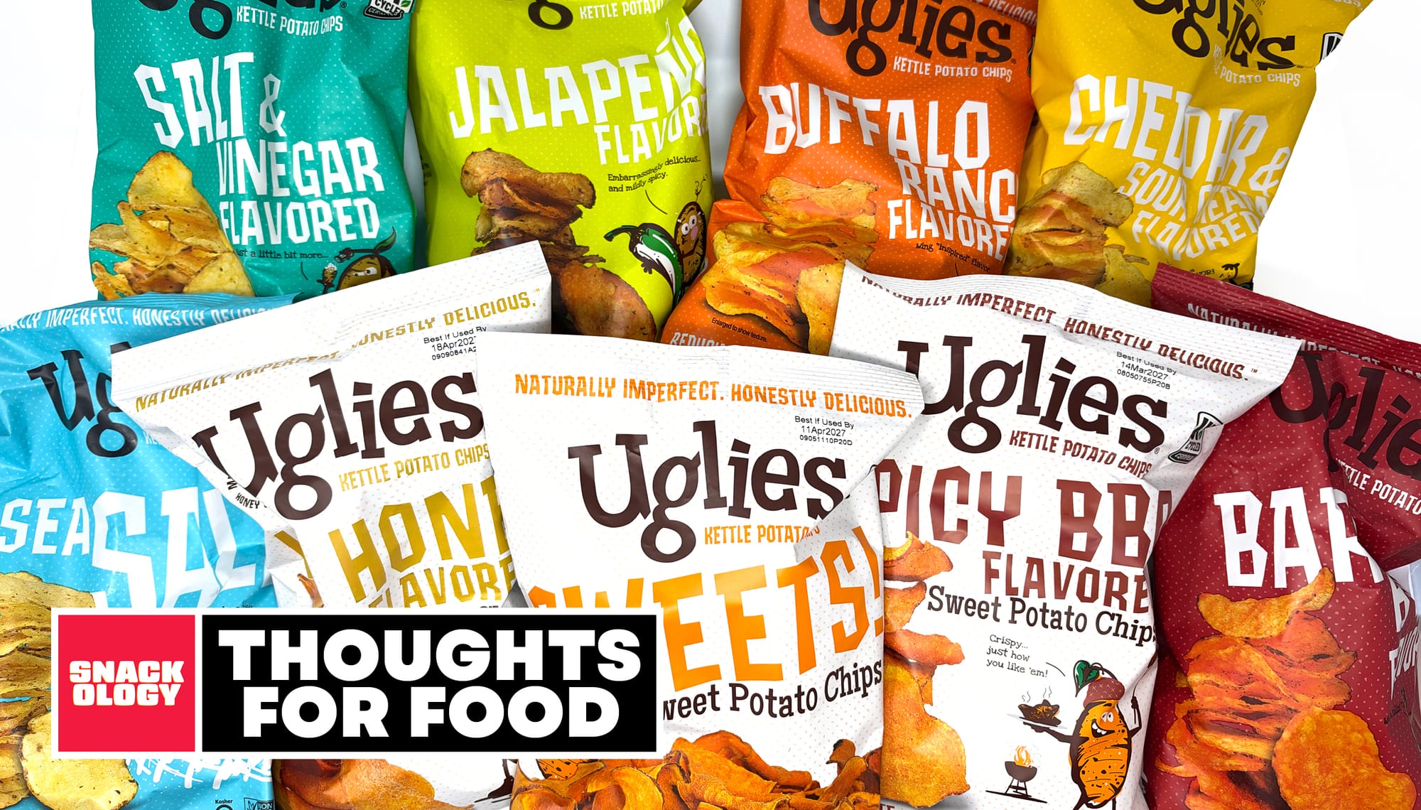Uglies Salt & Vinegar Kettle Chips, Uglies Jalapeño Kettle Chips, Uglies Buffalo Ranch Kettle Chips, Uglies Cheddar & Sour Cream Kettle Chips, Uglies Sea Salt Kettle Chips, Uglies Hot Honey Sweet Potato Chips, Uglies Sweets! Sweet Potato Chips, Uglies Spicy BBQ Sweet Potato Chips and Uglies Bar-B-Que Kettle Chips