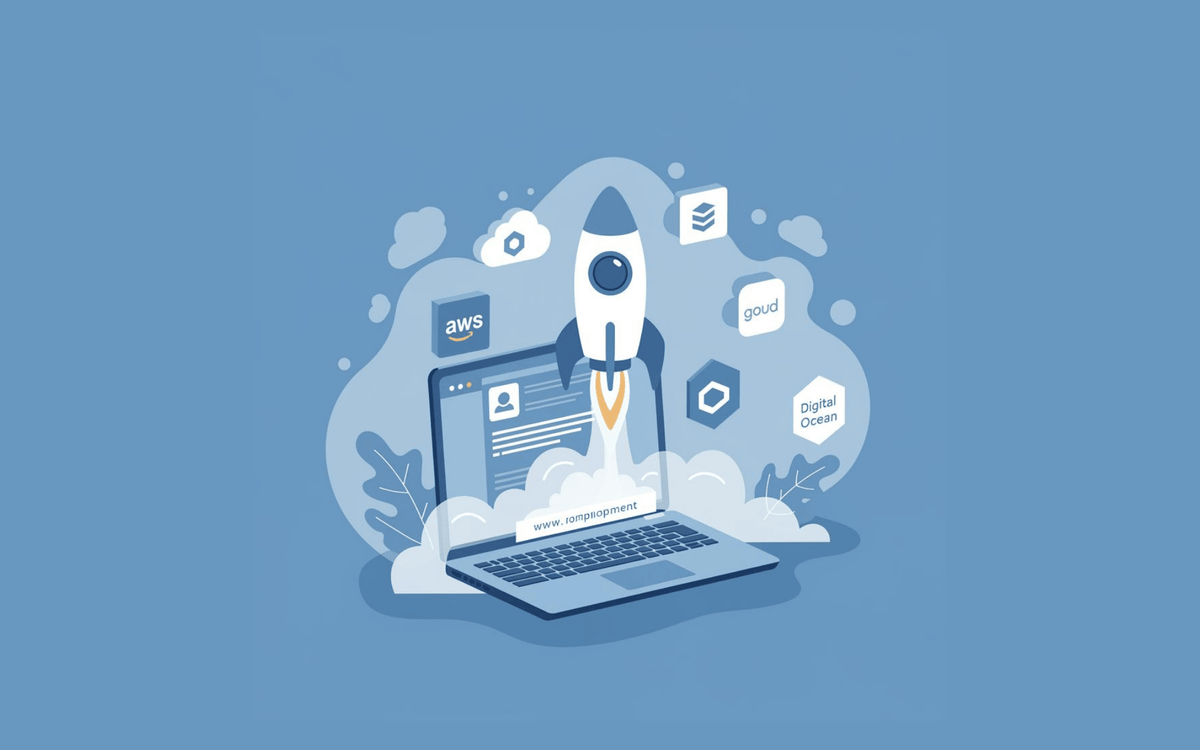 Website deployment visualized as a rocket launch from a laptop, surrounded by cloud hosting service logos
