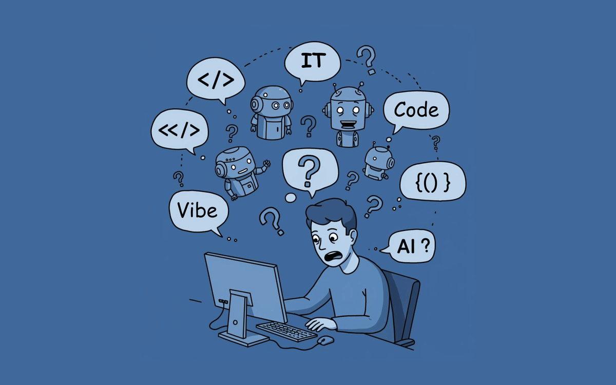 Illustration of a non-programmer surrounded by code, AI, and confusion while attempting vibe coding