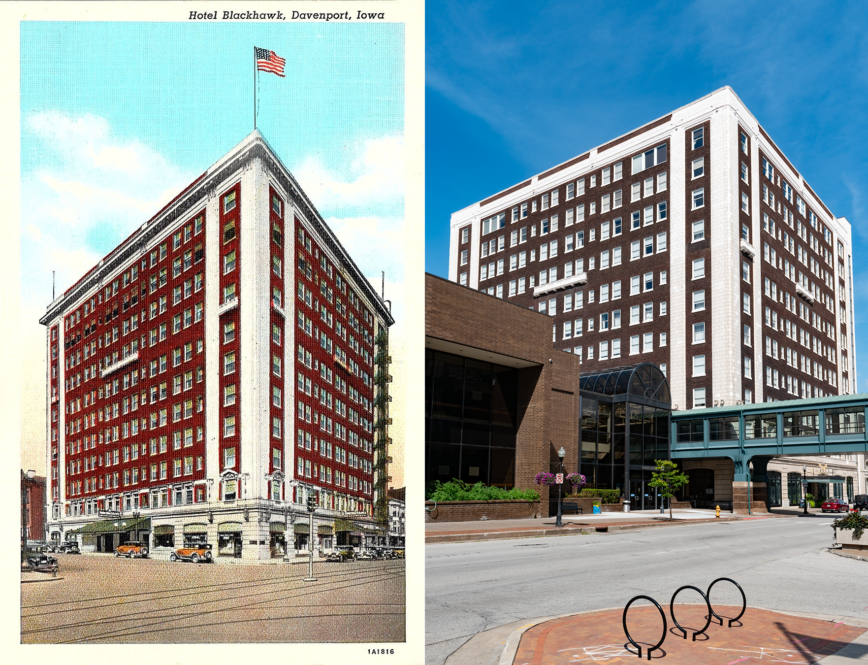 Postcard on the left: white border color postcard of an 11 story red brick and white stone hotel on a corner, streetcar tacks, canopies on the street. Photo on the right: brick looks a darker shade in real life, dark brown brick building with black glass in front, no streetcar tracks, turquoise metal skywalk, three bike racks.