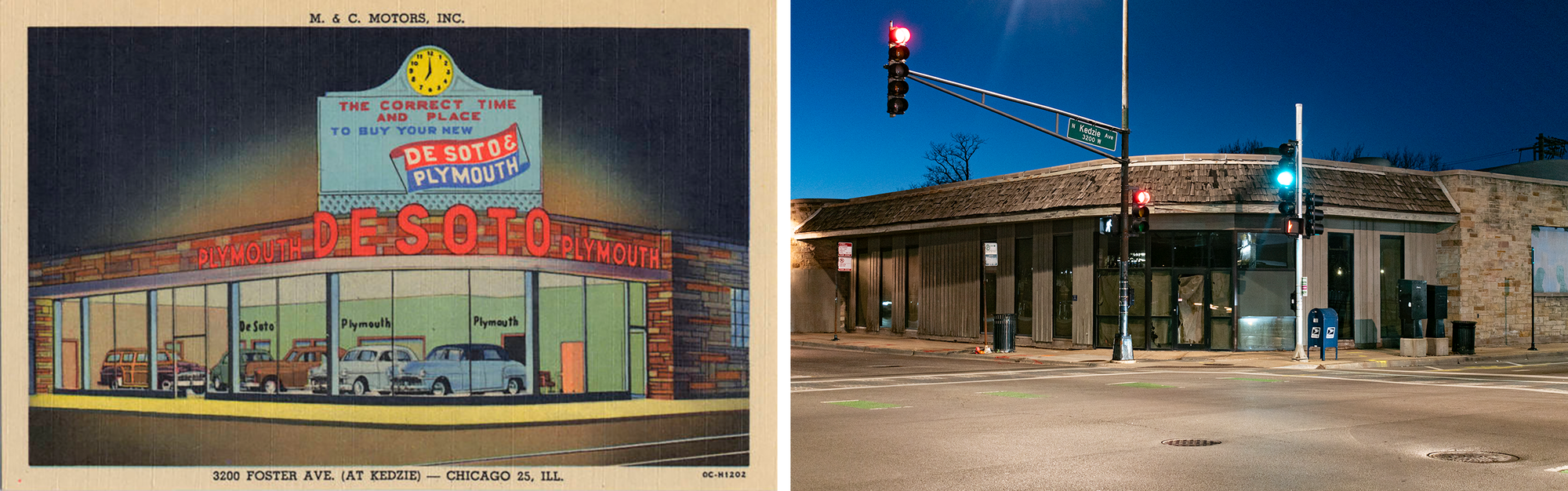 Left: 1950 postcard of the building with large glass windows with cars on display inside and a large sign with a clock on top of the building. Right: windows replaced with ugly siding, shingled roof, no sign, looking shabby.