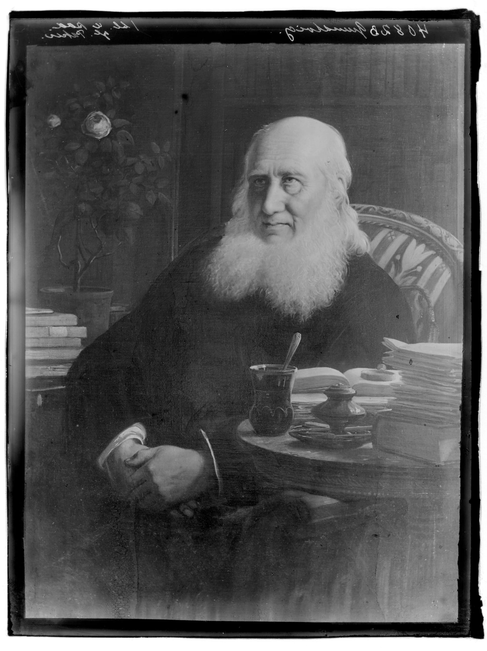 Portrait of Grundtvig in his old age. Big white beard, books, tea, and a plant in the background.