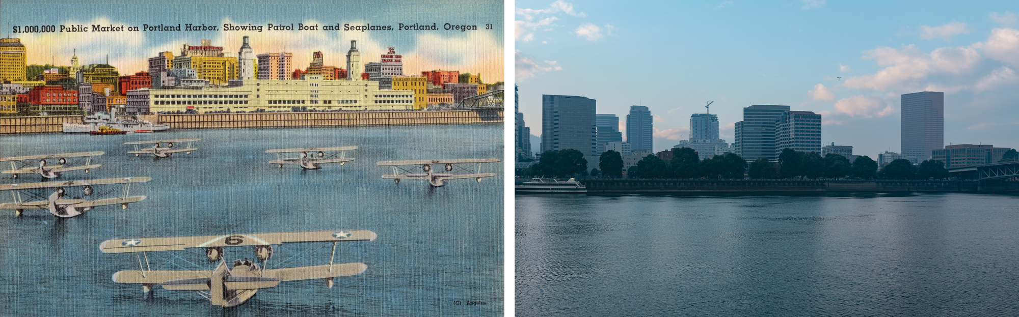 Postcard on left with big white Portland Public Market Building in the middle, seaplanes in the river, and a ship tied to the seawall. On the right, market building is gone, replaced with a leafy park. More highrises.
