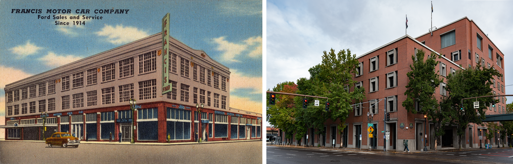 On the left, 1940s postcard. Greyish building, big vertical sign, single story neighbor, yellow car. On the right, 2022 photo. Building same scale, but now brick and concrete, more trees, taller neighbor, etc.