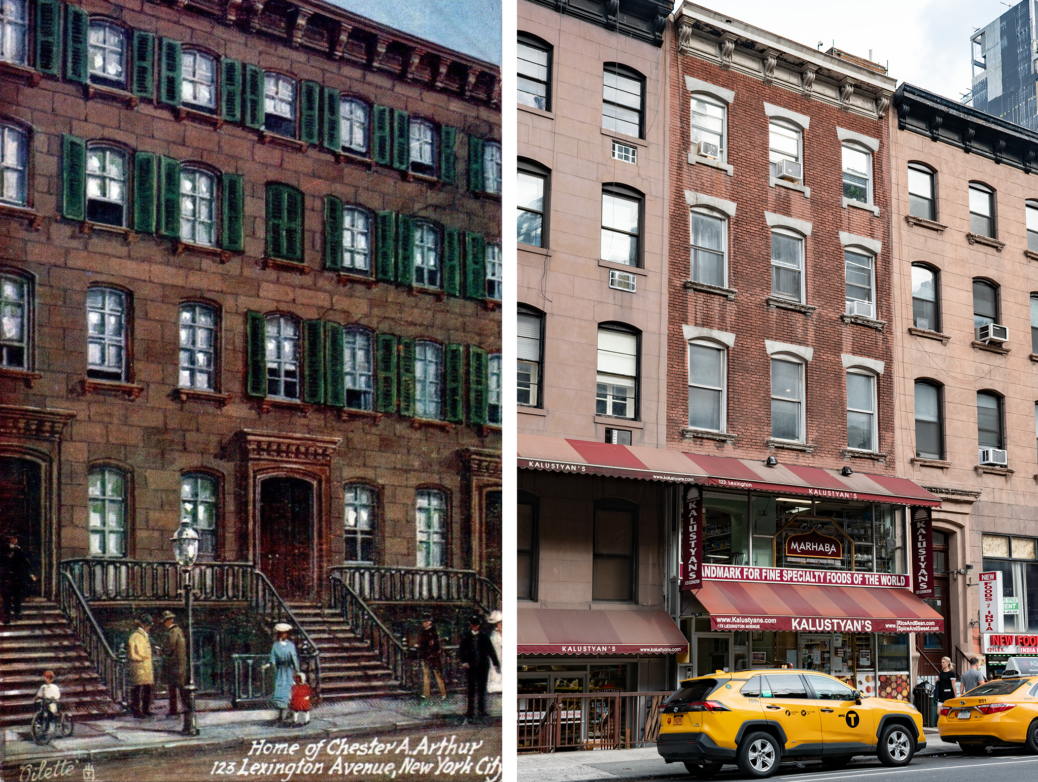 On the left, the 1910 postcard: stairs go up to a raised front door on a brownstone bookended by identical brownstones with green shutters. Men and women with hats and a kid on a bike. On the right, 2021 photo: building faced with red brick, no stairs, glass two-story storefront, taxis.