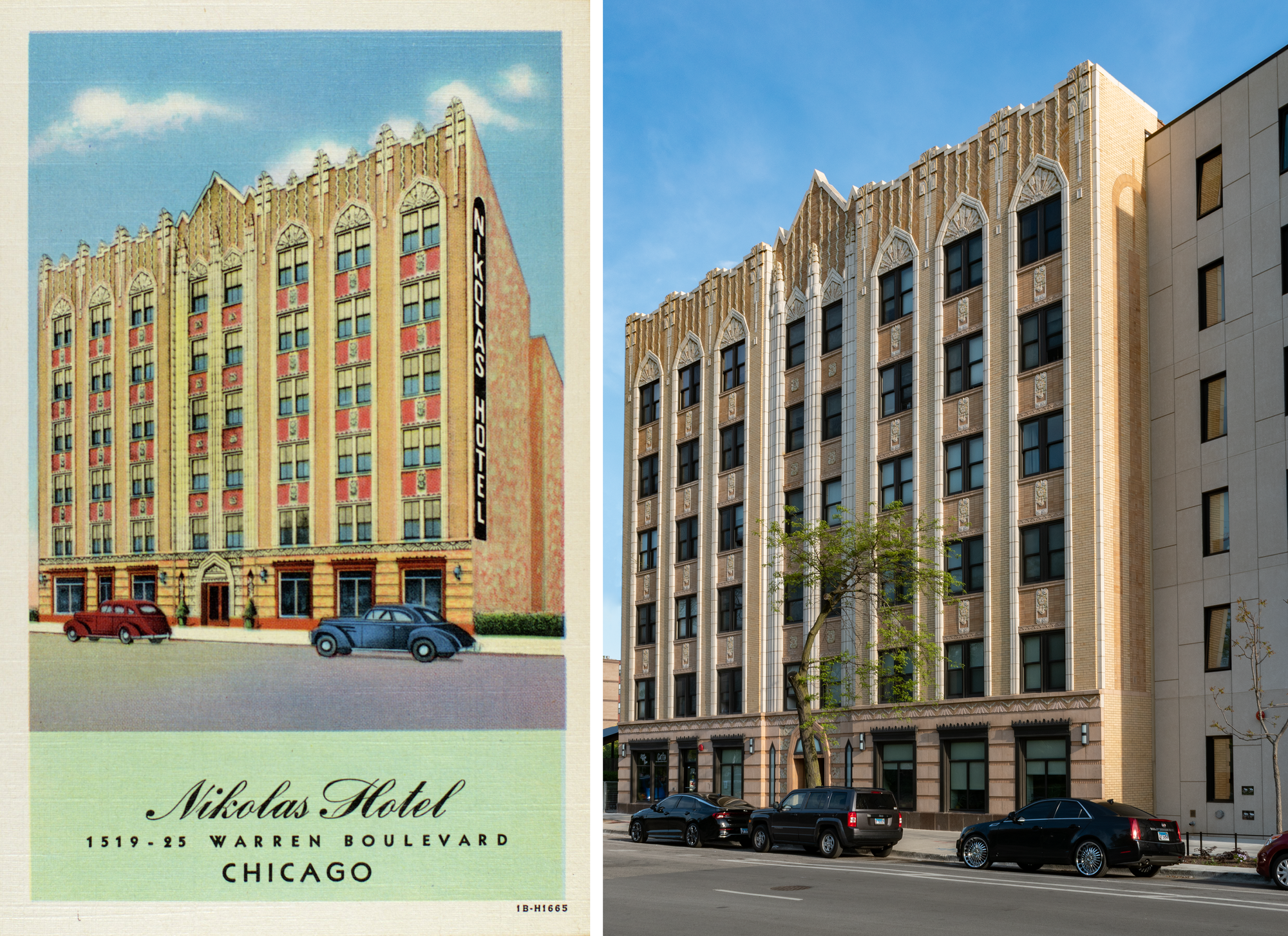 On the left, early 1940s postcard of the Nikolas Hotel. Yellow and red brick and terracotta, 'HOTEL' running down the side, red and blue car in front. On the right, 2021 photo: new tree, new neighbor, similar coloring, otherwise looks the same.