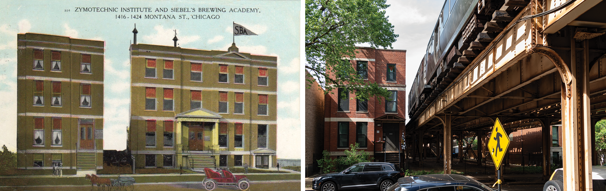 On the left, the 1907 postcard: three story masonry building with white horizontal bands, then a gap, then two similar buildings combined into one, with a horse drawn carriage and car in front. On the right, 2024 photo: masonry building on the left similar, but with L tracks next to it. 