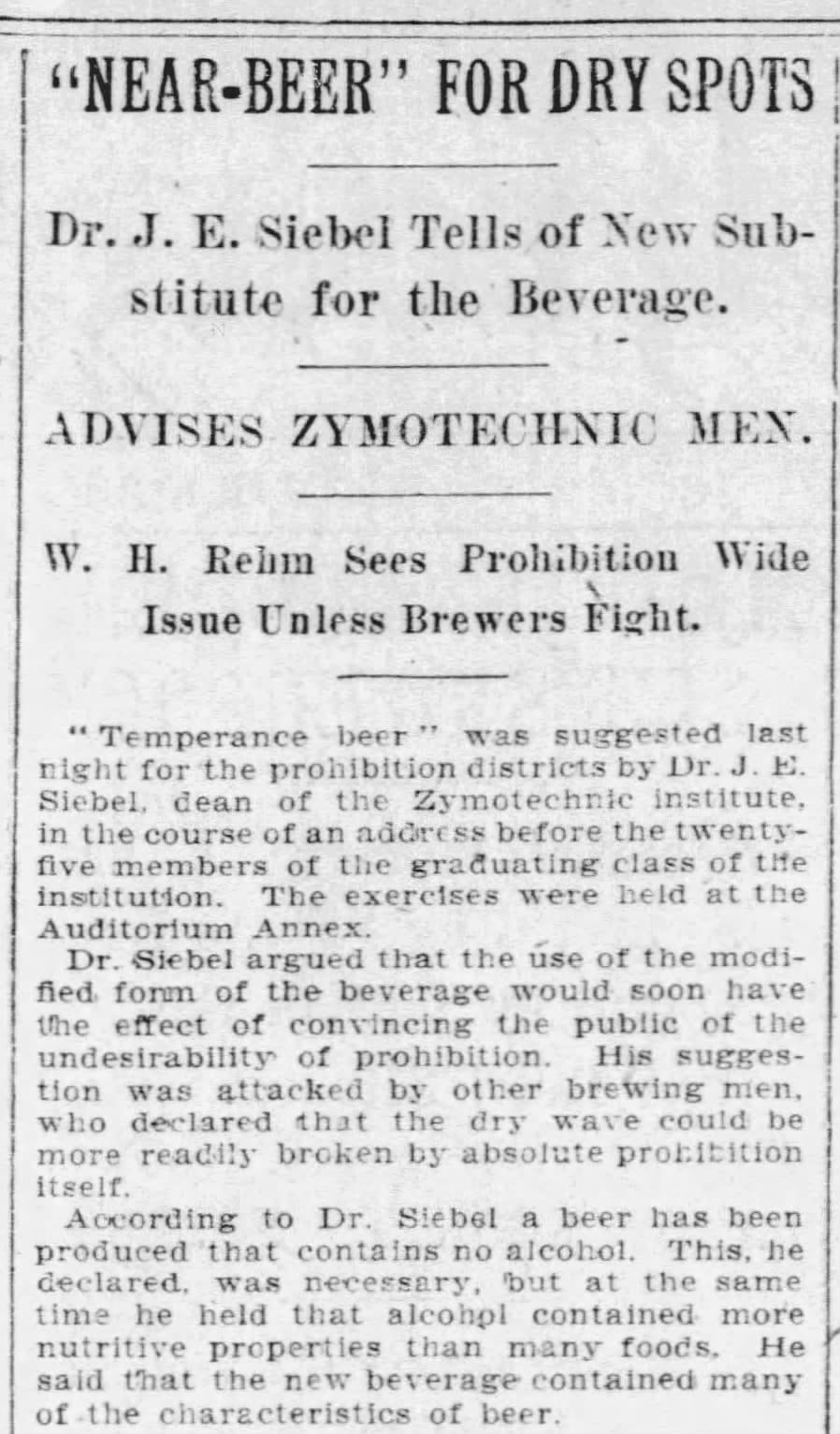 Article about J.E. Siebel promoting "near beer"