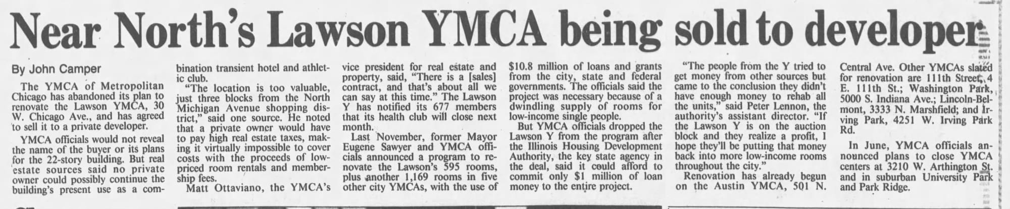 Headline: "Near North's Lawson YMCA being sold to developer"