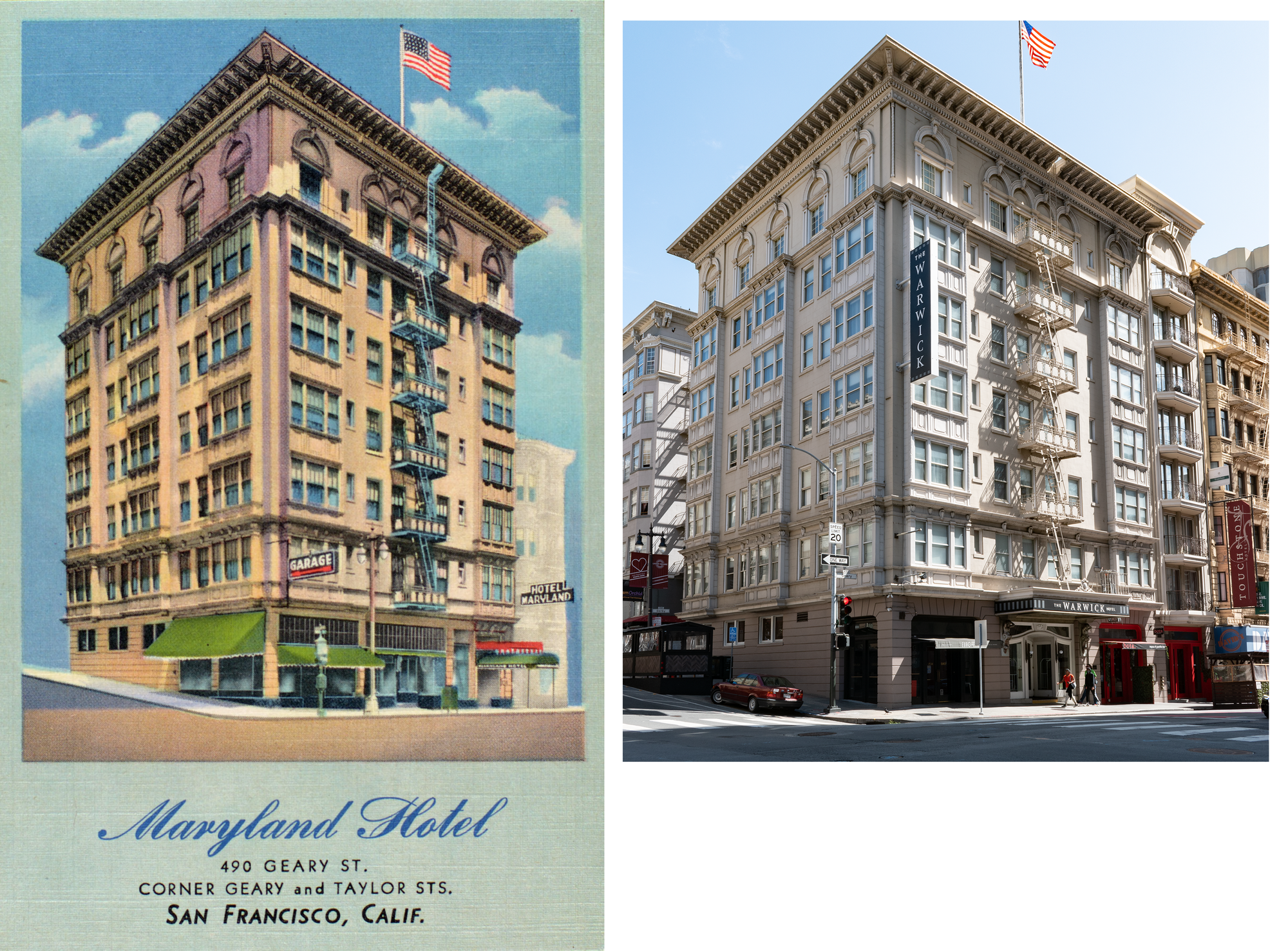 Postcard on the left: linen, green, yellow-beige hotel building with flag on top, green awnings on the first floor, blue metal fire escape down the front. Photo on the right: grey hotel on the corner, beige metal fire escape, flag flying on top.