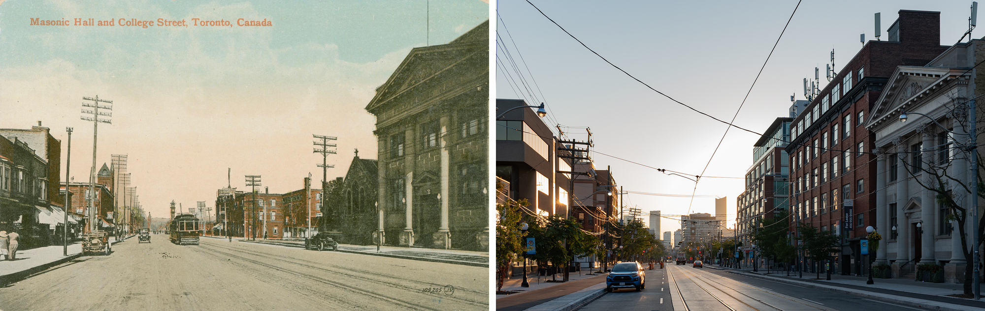 Postcard on the left: streetcar going down a street beside an automobile, two parked cars, classical revival columns of the masonic hall on the right, next to a stony church, short towers visible in the distance. Photo on the right: parked car, catenary streetcar wires overheard, classical revival columns of the former masonic hall still on the right, church replaced with six story big brick building, skyscrapers in the distance.