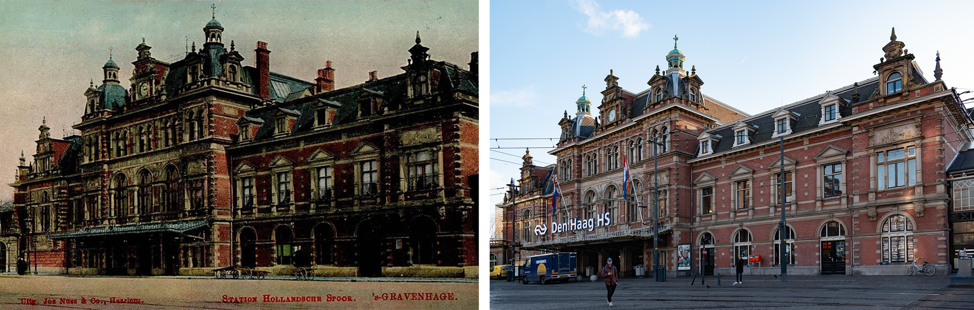 Postcard on the left: brick railway station, three stories, lots of ornament and finials and stuff, iron canopy, two chimneys, clock above the main entrance. Photo on the right: brick railway station, white illuminated sign that says Den Haag HS, two Dutch flags flying, truck parked in front, no chimneys.