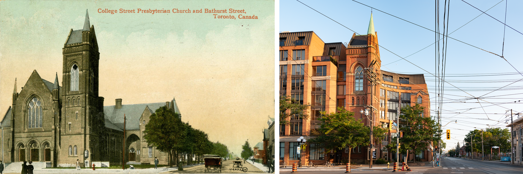 Postcard on the left: large gothic revival masonry church on a street corner, rose window and turrets, a tower. Photo on the right: tower is the only thing remaining, with an 8ish story red brick building wrapped around it. Lot of overhead catenary wires visible. 