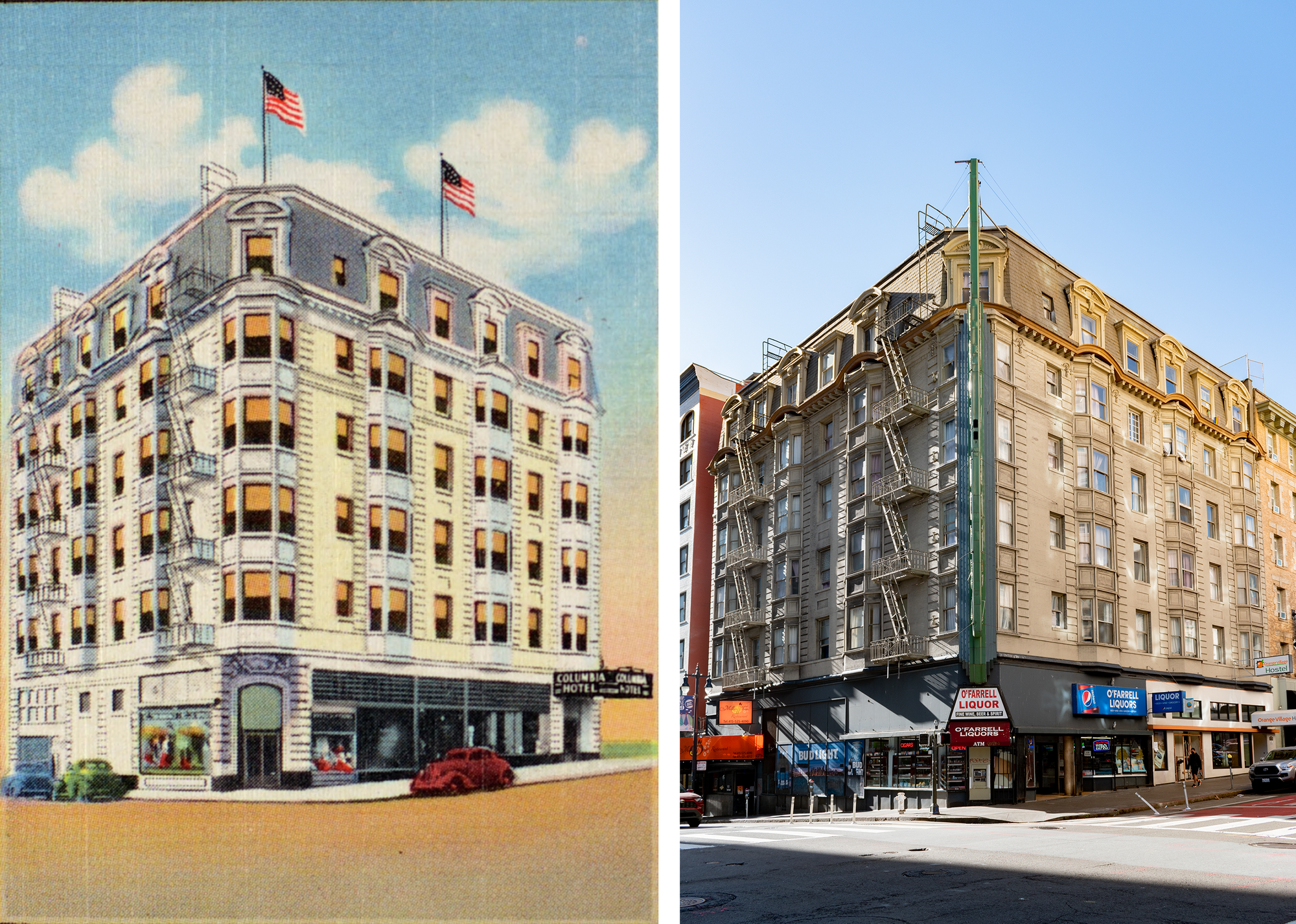 Postcard on the left: grey seven story building on a corner with a mansard roof, two fire escapes, and two US flags flying above with three parked cars in front. Photo on the right: similar looking building, now with a green long marquee hanging down the side at the corner, a liquor store in the first floor corner space.