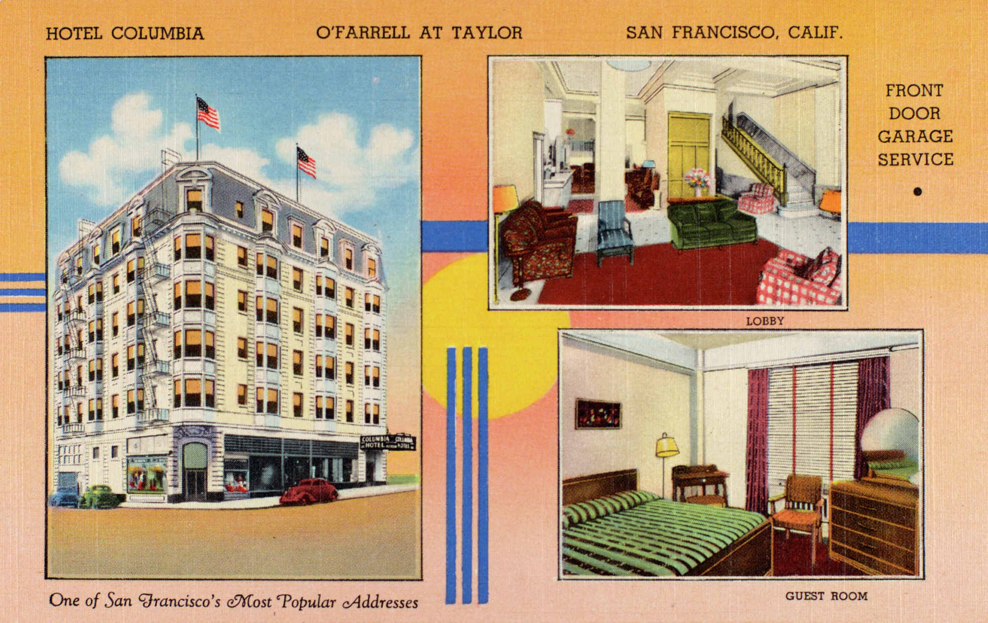 Linen postcard of the hotel with three images: the view from the street, the lobby, and a guest room. 