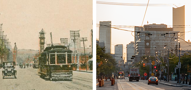 Postcard on the left, focused on the streetcar and the fire station tower. Photo on the right, with a new streetcar in the distance and the fire station tower still there, but with high-rises in the background.