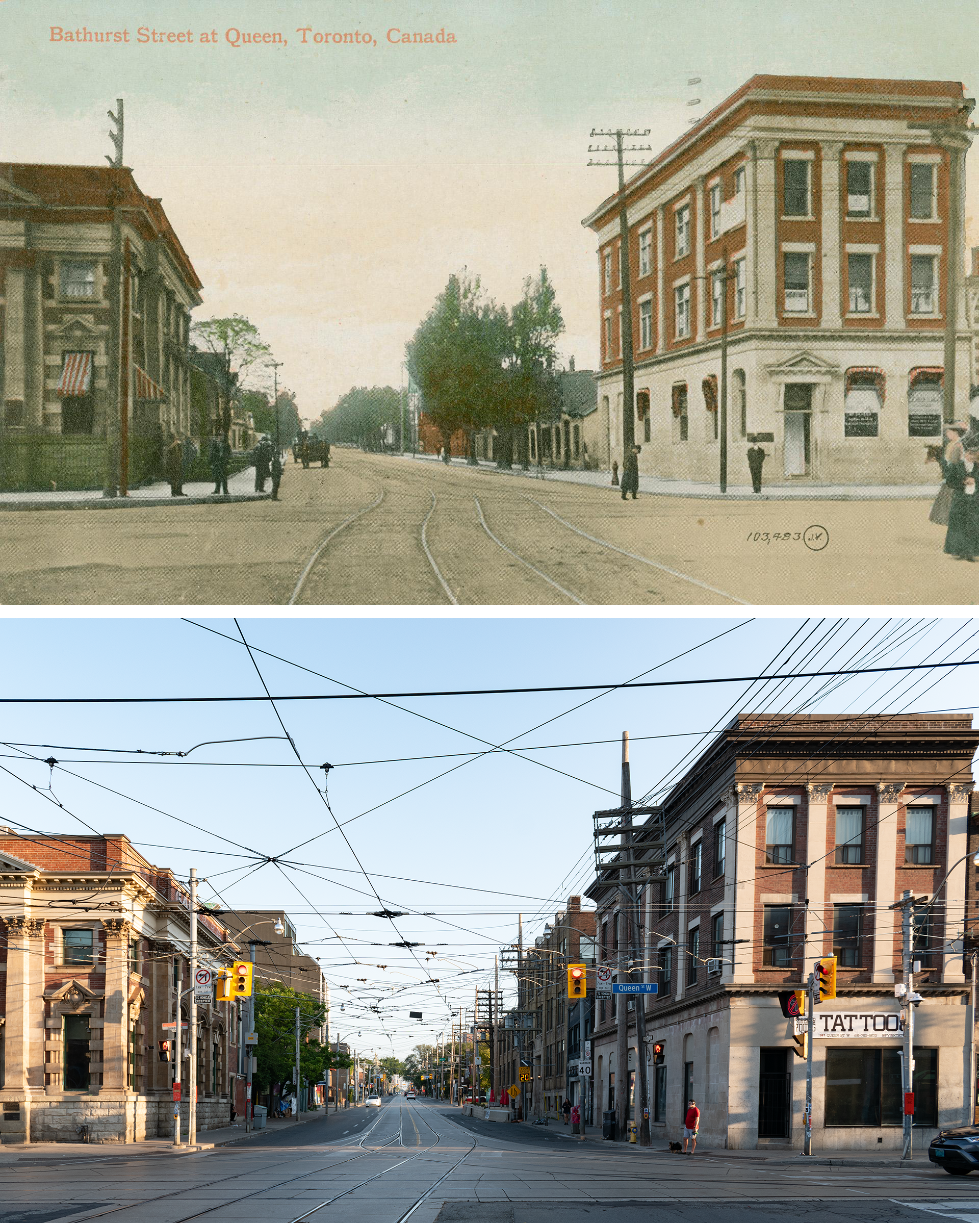Postcard on top: a red brick two story building on the right, a brick three story building across the street, streetcar tracks, seven people milling about. Photo on the bottom: same buildings still there, catenary streetcar wires more visible, a plastic sign says TATTOOS, man walking his dog.