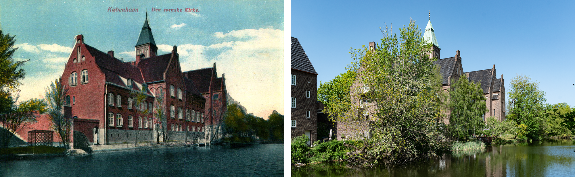 Postcard on the left: Swedish Gustaf's Church from behind, across the moat of Kastellet. Bright red brick, spindly trees. Photo on the right: foliage has grown in, a ~5 story brownish brick building next door. 