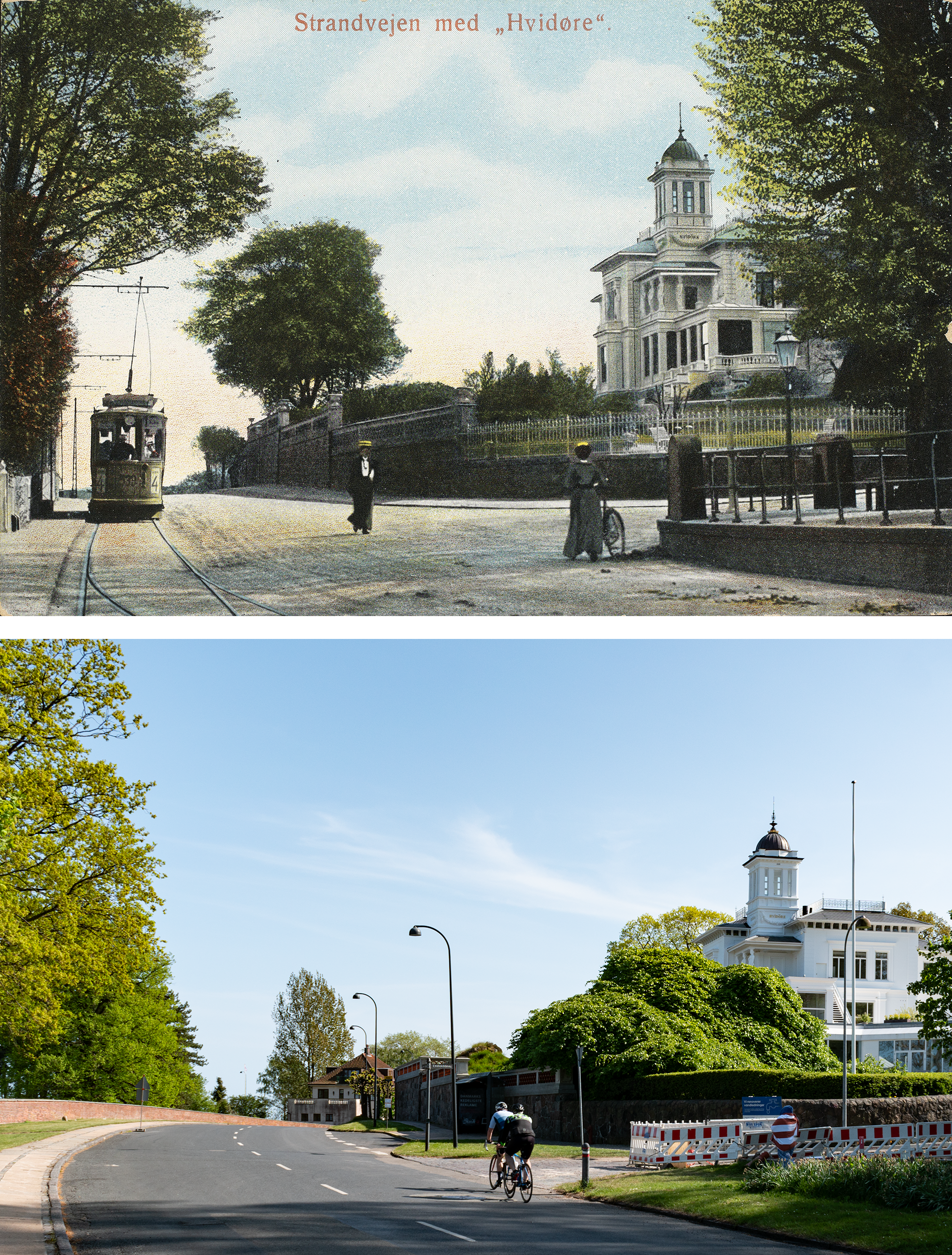 Postcard on top: a streetcar rims down a curving street with an elegant white mansion across the road, a woman walks a bike. Photo below: two cyclists on the road, a man mows the grass, luxurious green foliage all over the grounds of the white mansion. 