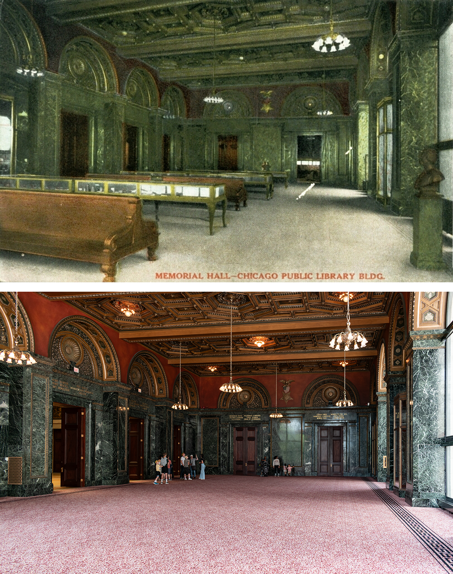 Postcard on top: color image of a greenish and reddish room with wood vitrines, benches, chandeliers, and a bust on the right. Photo on the bottom: green stone walls, gold and red ornamentation, hanging chandeliers, empty room.