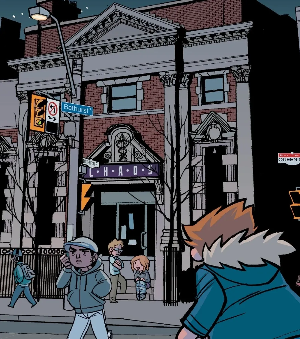 Drawn image of the bank building with a sign that says CHAOS and street signs that say Bathurst and Queen.