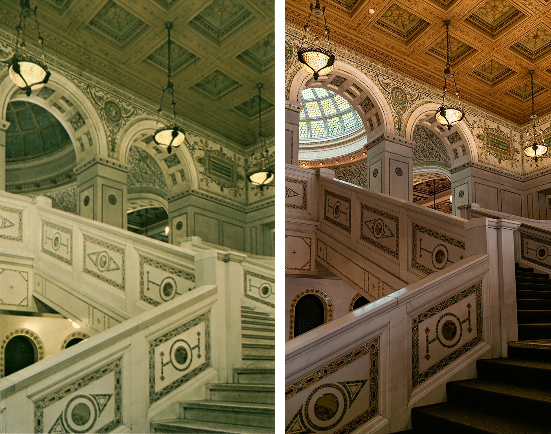 Postcard on the left, stairs looking up with geometric green and gold inlays in white marble stairway, chandeliers hanging down, ornate mosaic freeze, glass dome visible in background. Photo on the right: same, but with dark carpet. 