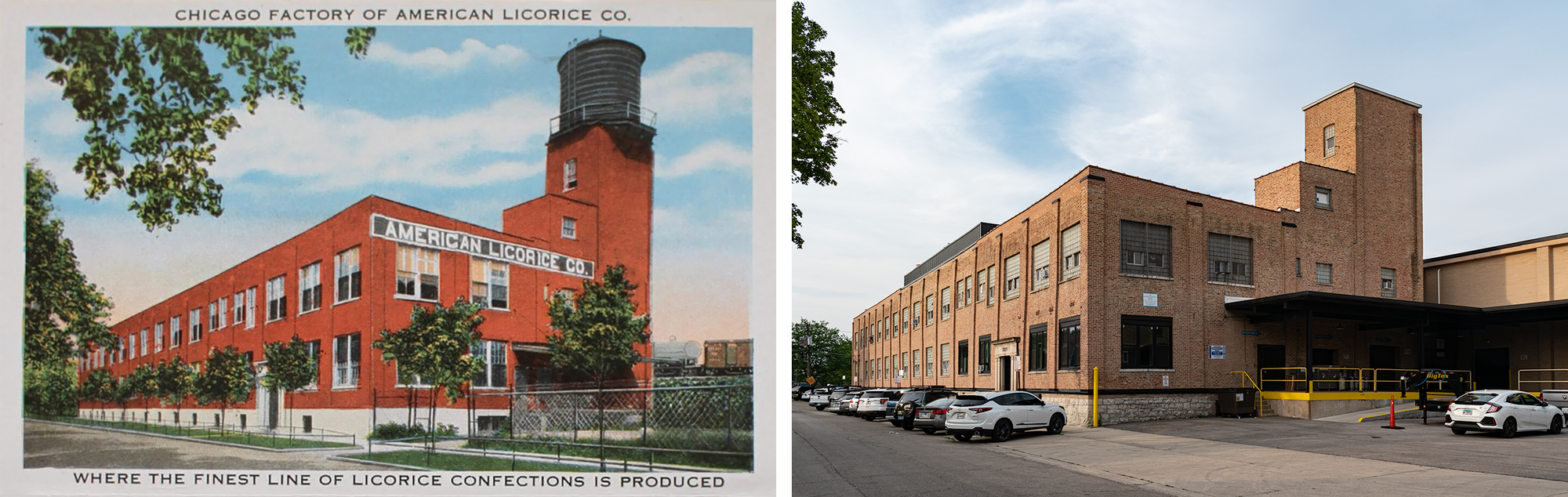 Postcard on the left: brick building, two story plus basement with a water tank on top, street trees, train cars visible in background. Photo on the right: no water tank, no street streets, cars parked, building blocking the view of the railroad tracks.