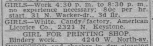 GIRLS--White. Candy factory. American Licorice Co. 2321 N. Keystone.