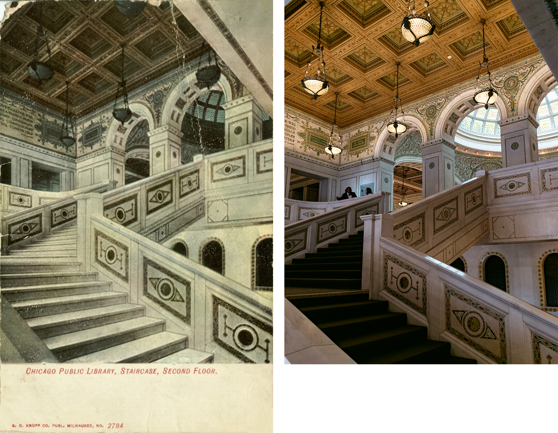 Postcard on the left: looking up from a landing to the third floor, white marble stairs decorates with green inlaid mosaics, coffered ceiling, chandeliers. Photo on the right: much the same, with carpet.