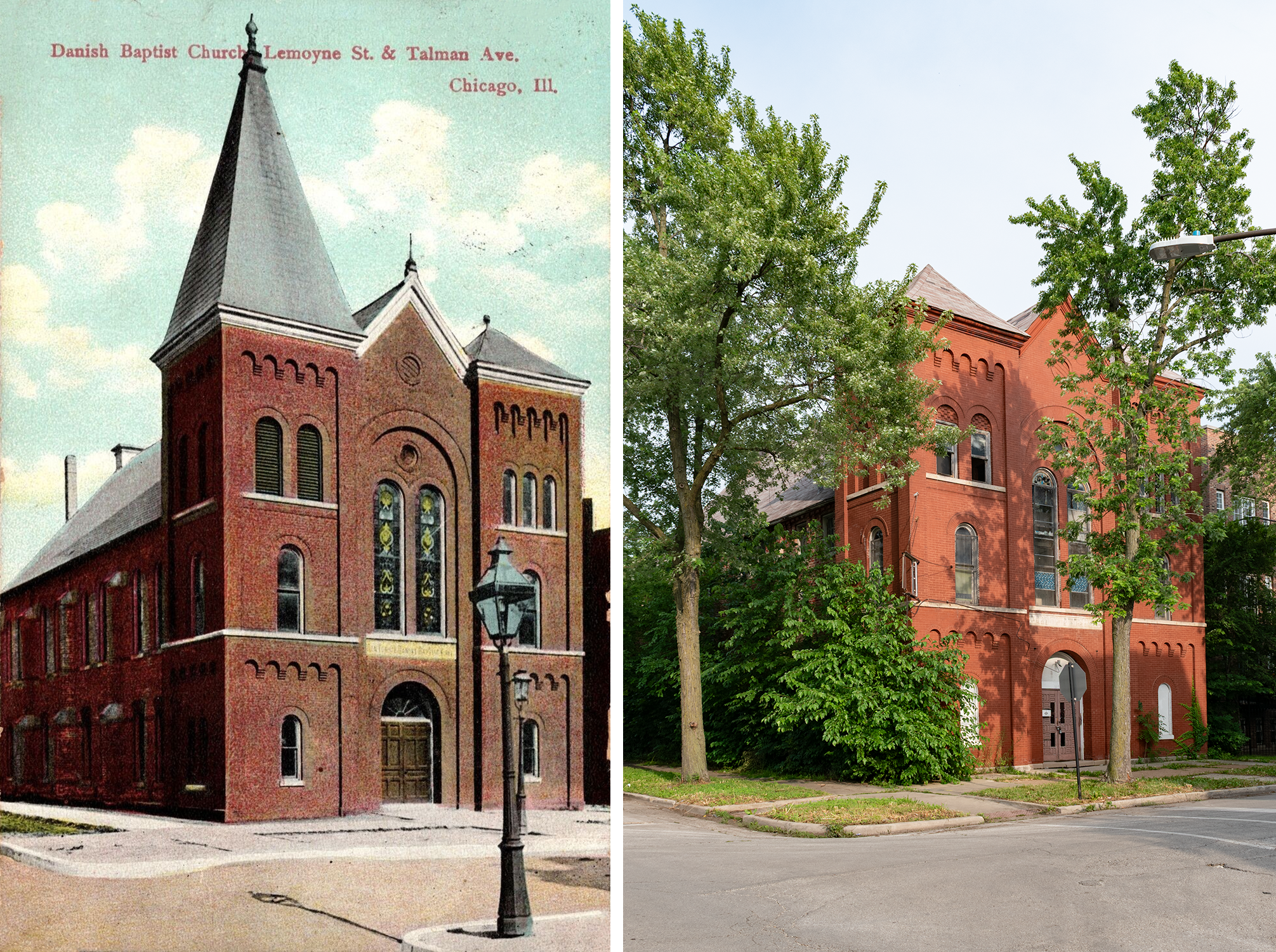 Postcard on the left: red brick three story church with asymmetrical spire roofs, lamp post in the foreground. Photo on the right: partially obscured by foliage, windows open and in rough shape with a couple covered up.  