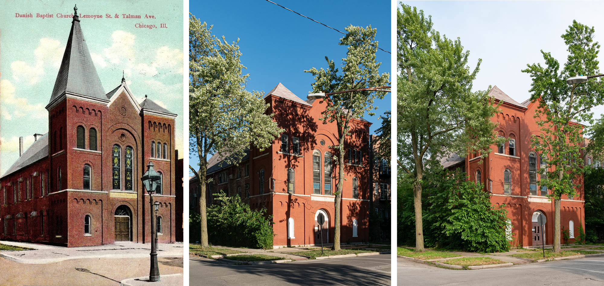 Postcard on the left, 2020 in the middle, 2025 on the right.