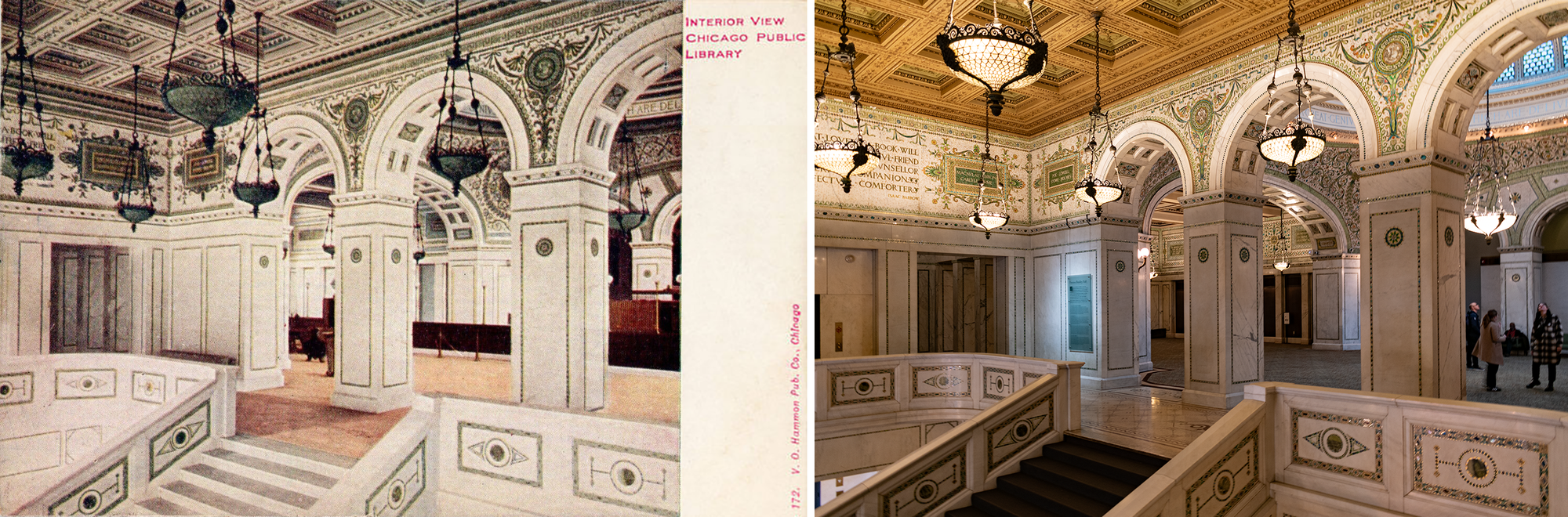 Postcard on the left: landscape view of the 3rd floor landing and the top of the staiway, white marble columns with green inlaid geometric patterns, green chandeliers, coffered ceiling. Photo on the right: basically the same, but with carpet, and the hint of a change in use for the room in the background.