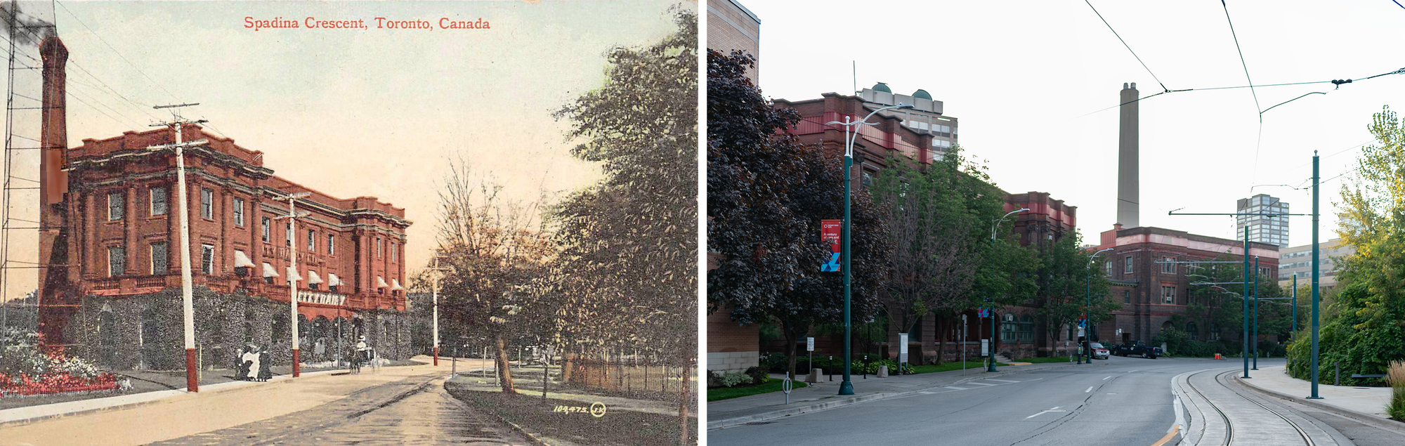 Postcard on the left: three story red brick masonry building with white awnings, smokestack, park with trees on the right, power lines. Photo on the right: brick masonry building with a similar building now to the center right, cornice replaced with red metal banding, large smokestack in the distance, streetcar tracks, etc.